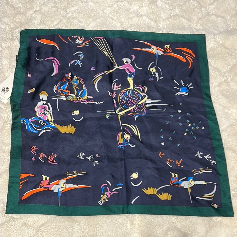 Tory Burch Navy Multicolor Silk Scarf with Green Border